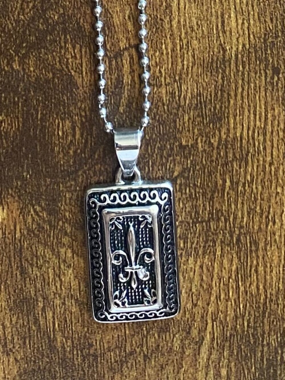 Stainless Steel Engraved Fleur de Lis Heavy Pendant Necklace